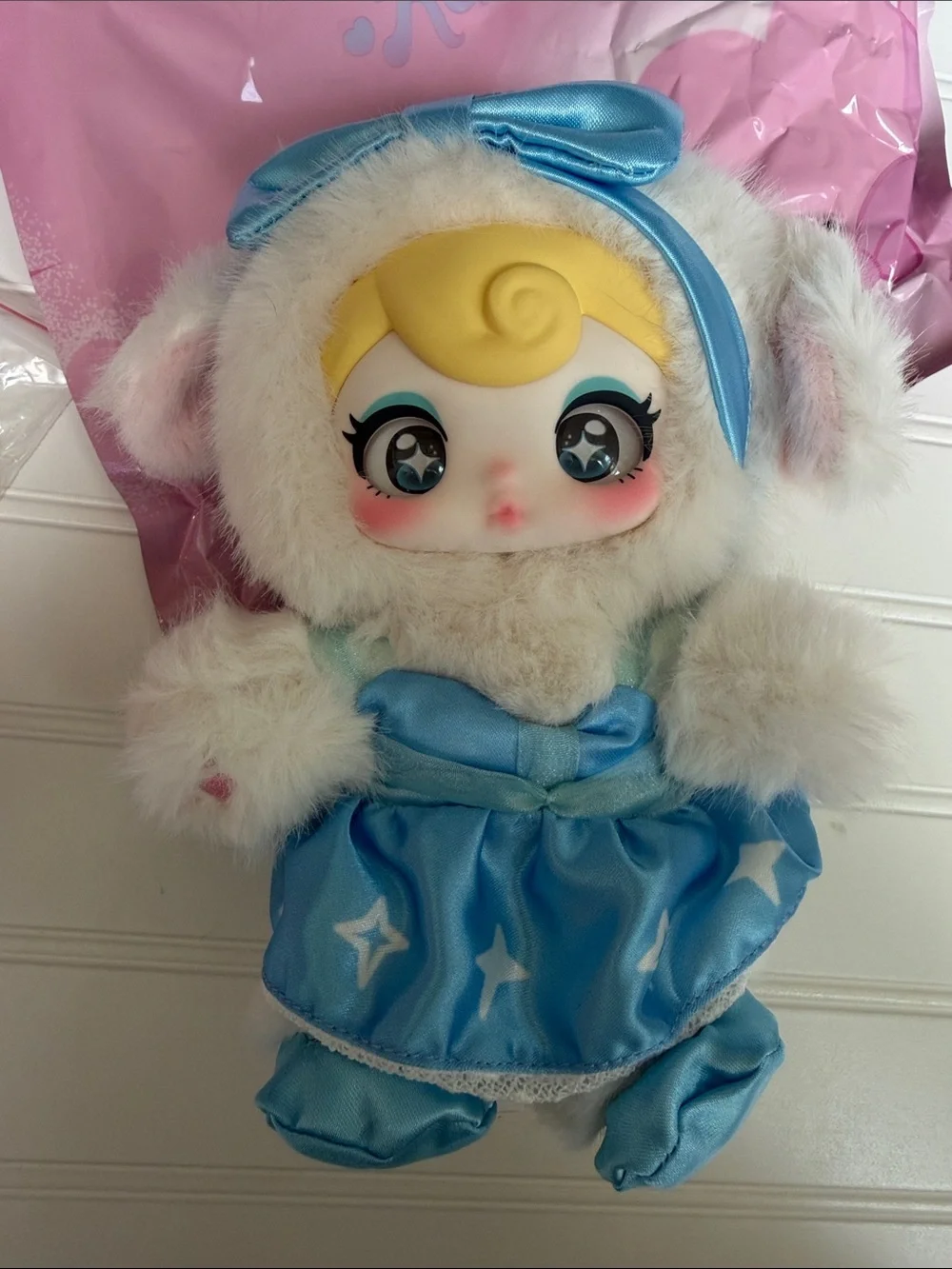 Cinderella Lamb Blue & White Plush Doll Keychain with Pink Packaging